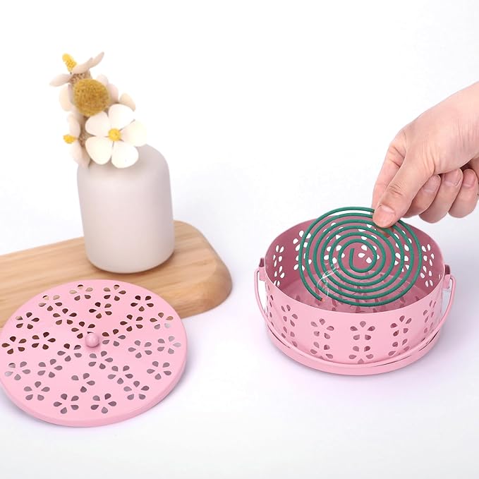 Spiral Coil Incense Burner Holder Home Outdoor Citronella Incense Coil Holder with Handle (Pink)