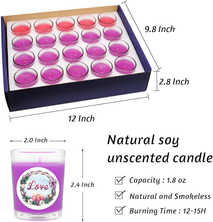 20 Packs Unscented Christmas Advent Votive Candles in Glass, Small Natural Soy Wax Colored Candles with 20pcs Stickers of Hope, Peace, Joy and Love - 5 Pink and 15 Purple