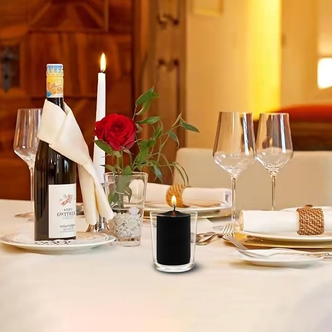 24 Packs Black Votive Candles, Unscented Small 1.5 Inch Diameter 2.0 Inch Tall Wax Candles for Halloween Wedding, Party & Home Dinner Table Decoration - 12 Hour Burn Time