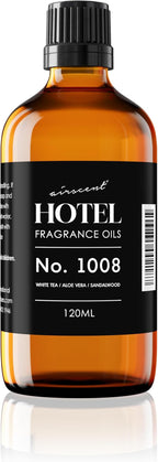 AirScent Hotel Diffuser Oil No. 1008 - White Tea, Aloe Vera & Sandalwood - Hotel Scent Dupe - Premium Fragrance Oil for Ultrasonic and Waterless Diffusers and Crafting - 120 mL, 4 fl oz Glass Bottle
