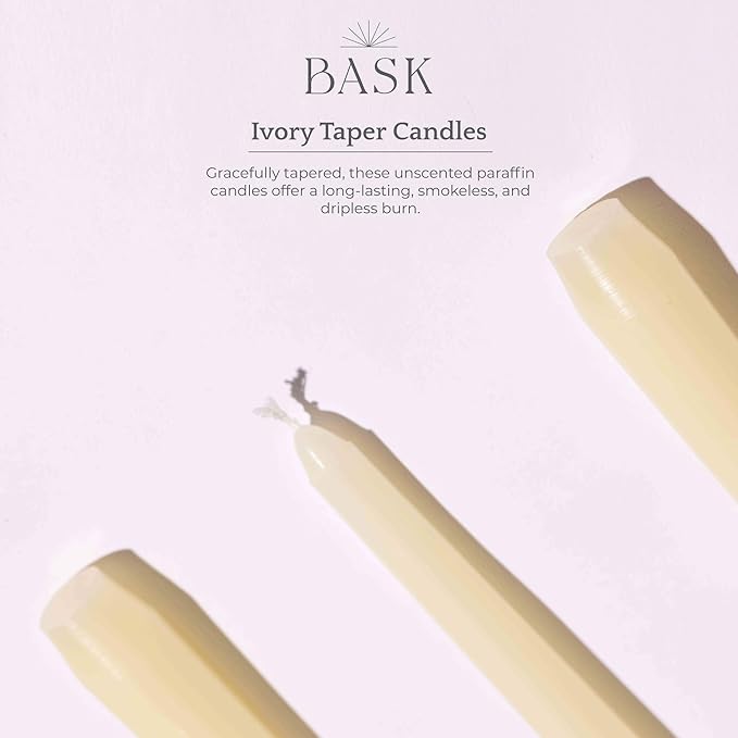 Bask 10-inch Taper Candles - Unscented and Dripless - Burns for 8 Hours - Home Decor for Dinner Table, Kitchen, and Bedroom - Perfect for a Romantic Date or Anniversary - 30-Pack - Ivory