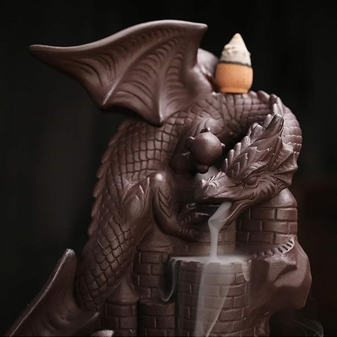 Ceramic Dragon Backflow Incense Holder Waterfall Incense Burner, Smoke Incense Holder, with 70 Backflow Incense Cones + 50 Incense Stick, 1 Mat, 1 Tweezers Home Decor (Brown-Light Dragon)