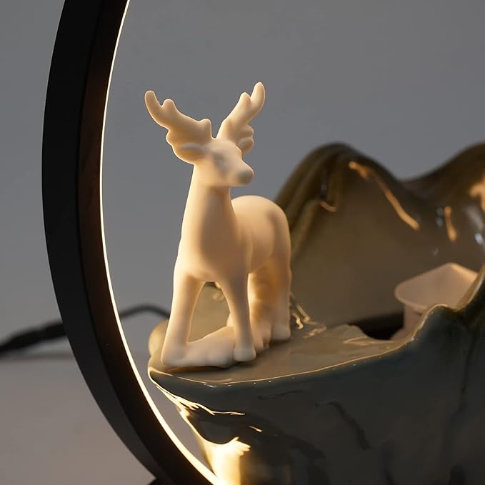 Backflow Incense Holder with Water Fountains and LED Light, Rockery, Deer and Plants Perfect for Relaxing or Home Decor (Deer witn Rockery)