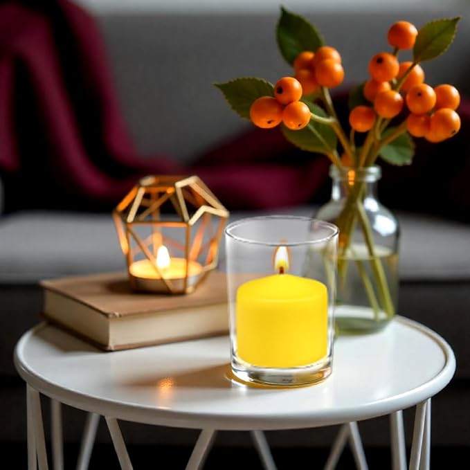 9 Packs Unscented Yellow Votive Candles, Small 1.5 Inch Diameter 1.25 Inch Colored Votives for Home Holiday Party Wedding Dinner Table - 8 Hour Burning Time