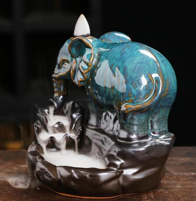 Comeon Backflow Incense Burner Elephant Incense Holder Handmade Ceramic Incense Waterfall Burner Censer + 20 Backflow Incense Cones 30 Incense Sticks 1 Tweezer 1 Mat for Meditaion Home Decor