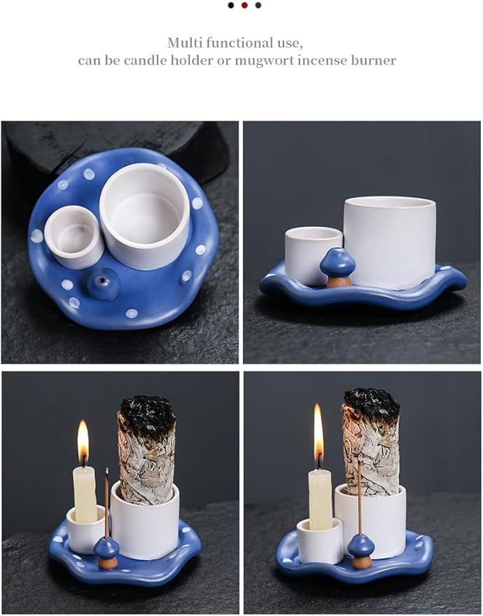 Mushroom Ceramic Incense Holder Set,4-in-1 Design for Sage, Palo Santo, Incense Sticks Candles,Blue Ceramic Ash Catcher Tray for Mess-Free Meditation, Yoga and Home Decor