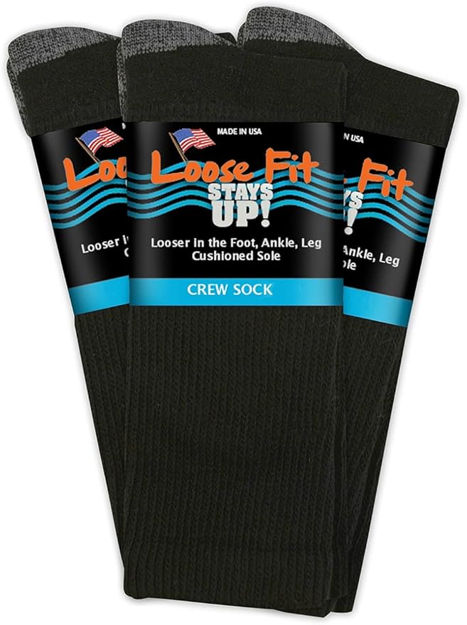 Loose Fit Stays Up Men's and Women's Casual Crew Socks (Pack of 3) Made in USA! Cushioned Sole