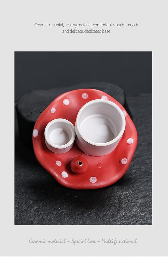 Mushroom Ceramic Incense Holder Set,4-in-1 Design for Sage, Palo Santo, Incense Sticks Candles,Red Ceramic Ash Catcher Tray for Mess-Free Meditation, Yoga and Home Decor