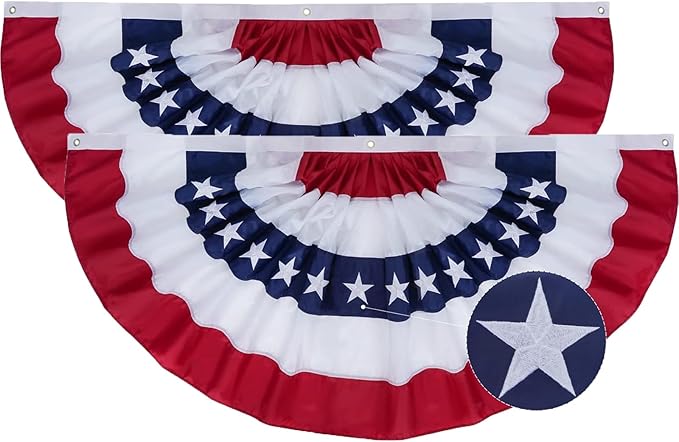 SYII Bunting Flag 2x4 Feet Outdoor (2 PCS), Embroidery Stars American US Bunting Flags with 3 Brass Grommets, Patriotic Half Fan Banner for Fourth of July Decor, 4th of july Decorations Outdoor