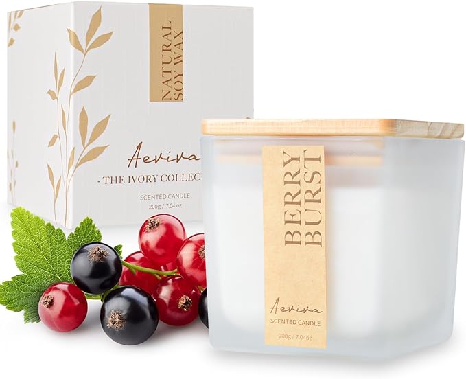 Scented Candle, 7.04 oz Berry Burst Aromatherapy Candle, Natural Soy Wax with Wooden Wick, 45 Hours Burn Time, Stress Relief Meditation Amber Jar Candle Gifts