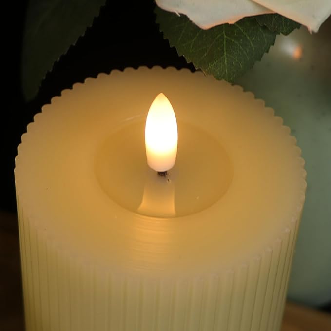 Real Wax Flameless Candles with 6hrs Timer, Battery Led Pillar Candles Flickering 3D Wick Pack of 3 Striped Candles, Party Dinner Home Decor House Warming, Ivory Φ 3" H 5" 6" 7"
