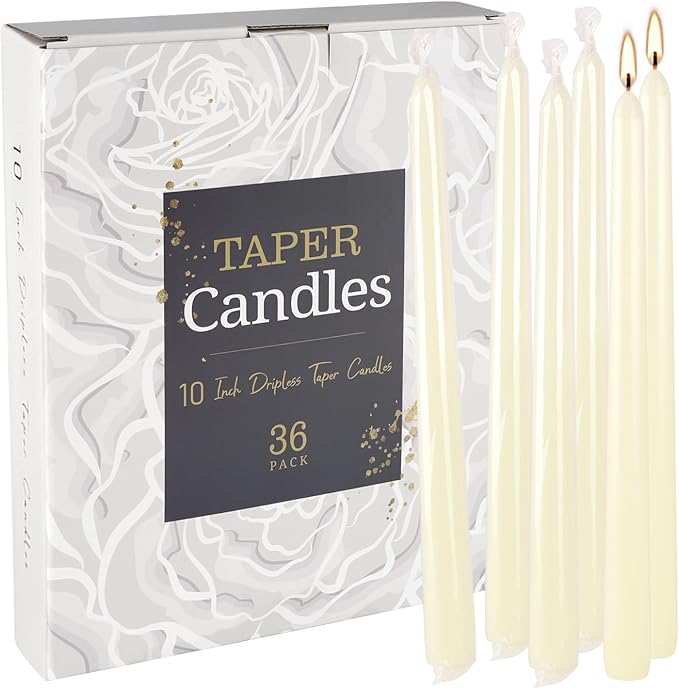 36 Pack Ivory White Taper Candles, 7-8 Hours Burn Time, Unscented, Smokeless and Dripless, 0.8 x 10 Inch Dinner Candle Set for Household, Wedding, Party and Home Décor Candlesticks