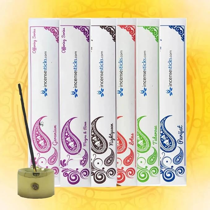 Spiritual Incense Set (10") – Pack of 6 & Brass Incense Burner – Includes 1 Pack Each of Lotus,Night Queen, Mogra & Rose, Kewra, Madhumalathi, Tuberose – 20 Sticks per Pack