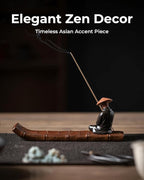 Ceramic Incense Stick Holder with Ash Catcher - Kung Fu Samurai on Bamboo Raft, Chinese & Japanese Home Decor for Meditation, Spa, Yoga