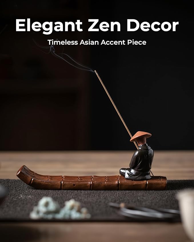 Ceramic Incense Stick Holder with Ash Catcher - Kung Fu Samurai on Bamboo Raft, Chinese & Japanese Home Decor for Meditation, Spa, Yoga