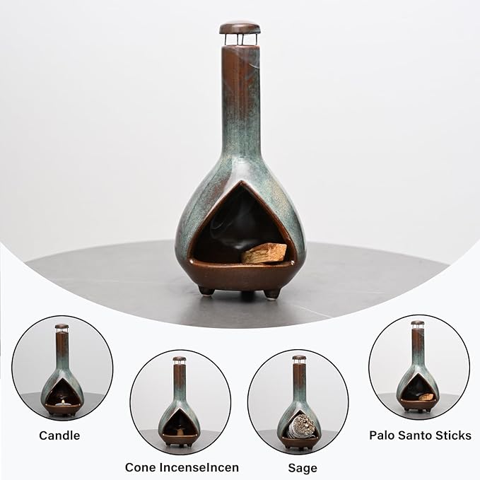 Premium Ceramic Palo Santo Holder & Smudge Bowl-Mini Chiminea| Multi-Purpose Burner for Sage Sticks, Incense Cones, Copal & Candles|Energy Cleansing, Yoga Meditation Accessories|Anxiety Relief