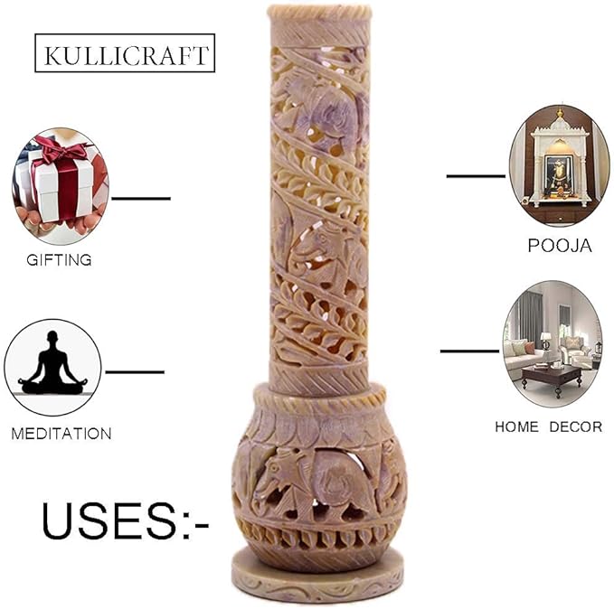 Carry Me Hand Carved Soapstone Incense Stick Holder | Candle Burner | Tea Light Stand. Elephant Jaali Carving Bottle Shape. Decorative Home and Kitchen Decor - (3x3x10.5 Inches)