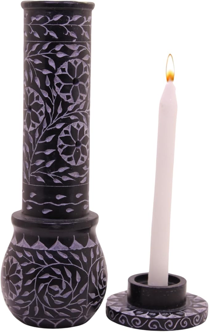 Marble Soapstone Black Incense Stick Holder | Candle Burner | Tea Light Holder - Round Incense Holder Decorative Home and Office Decor - (3 x 3 x 10 Inches)