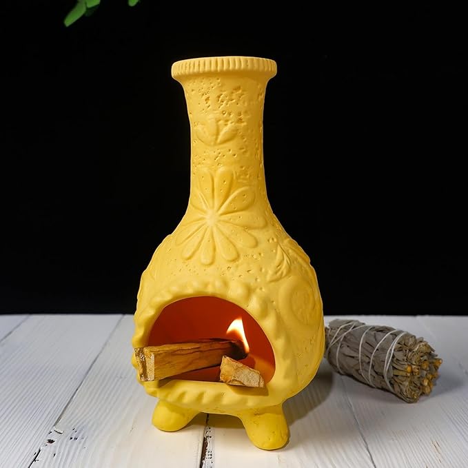 Yellow Floral Reliefs Palo Santo Burner Holder-Mexican Mini Chiminea Inspired,Chimney for Smudging Sage/Incense Cones/Sticks for Altar/Zen Rituals, Handmade Decor for Witchcraft Supplies
