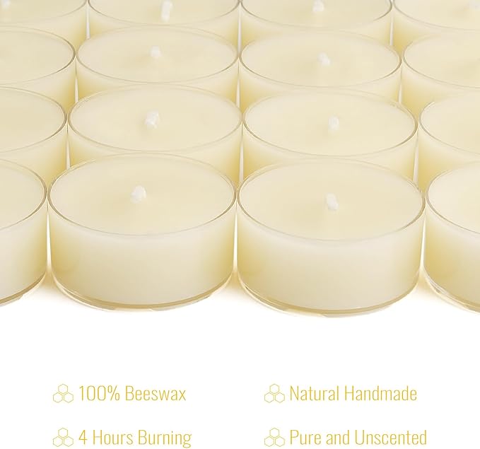 Ivory Natural Beeswax Tealight Candles,4 Hour Extended Burn Time,Dripless & Smokeless Beeswax Candles (16 Packs)
