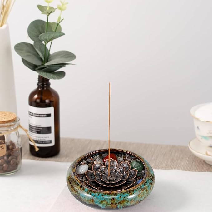 Incense Stick Holder - Blue Ceramic Incense Burner， Crystal Lotus Incense Holder, Incense Burner for Cone, Coil, Sage Cones, Frankincense, and Palo Santo
