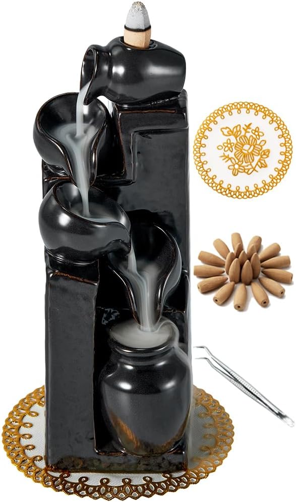 Unique Cascading Basins Ceramic Waterfall Incense Holder, Paired with a Pack of Backflow Incense Cones. (Black)