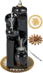 Unique Cascading Basins Ceramic Waterfall Incense Holder, Paired with a Pack of Backflow Incense Cones. (Black)