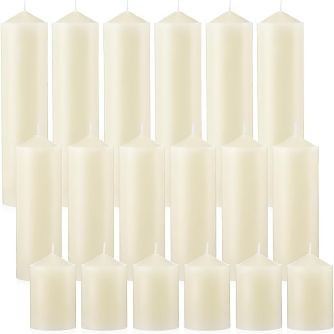 MTLEE 18 Pcs Set of 3 Pillar Candles Bulk 2 in x 3, 6, 8 Long Burning Clean Unscented Smokeless Pillar Candles for Wedding Emergency Lanterns Ceremony Party(Ivory White)