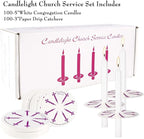 100 pcs Church Candles with Drip Protectors for Devotional Candlelight Vigil Service, Unscented White 5" H X 1/2" D, No Smoke, Shabbat, Praye