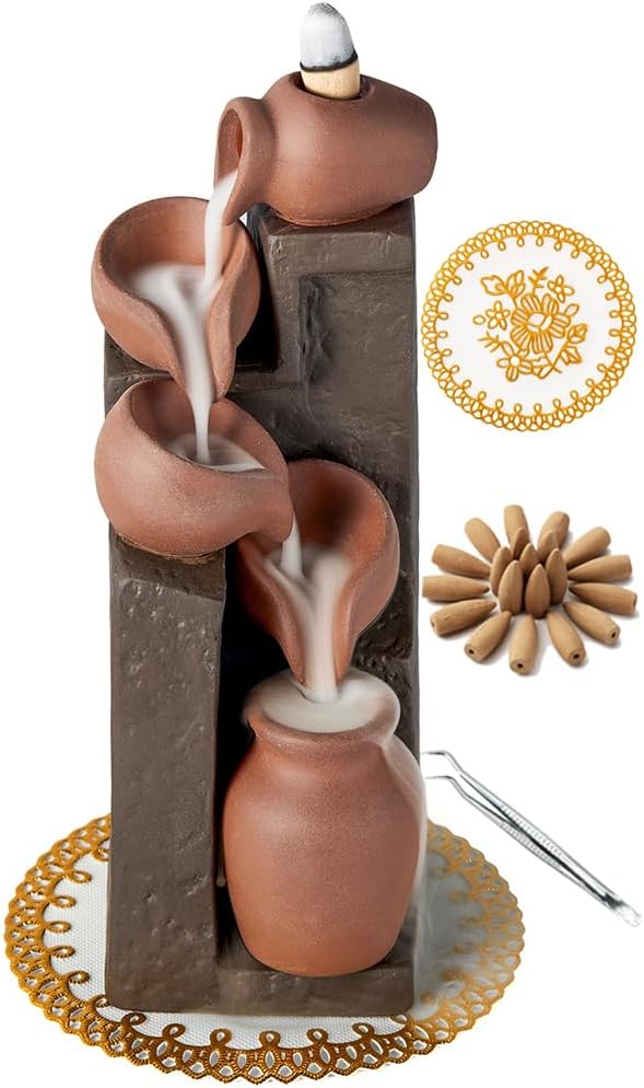 Unique Cascading Basins Ceramic Waterfall Incense Holder, Paired with a Pack of Backflow Incense Cones. (Primary)