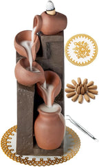 Unique Cascading Basins Ceramic Waterfall Incense Holder, Paired with a Pack of Backflow Incense Cones. (Primary)