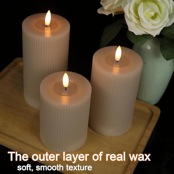 Real Wax Flameless Candles with 6hrs Timer, Battery Led Pillar Candles Flickering 3D Wick Pack of 3 Striped Candles, Party Dinner Home Decor House Warming, Light Gray Φ 3" H 5" 6" 7"