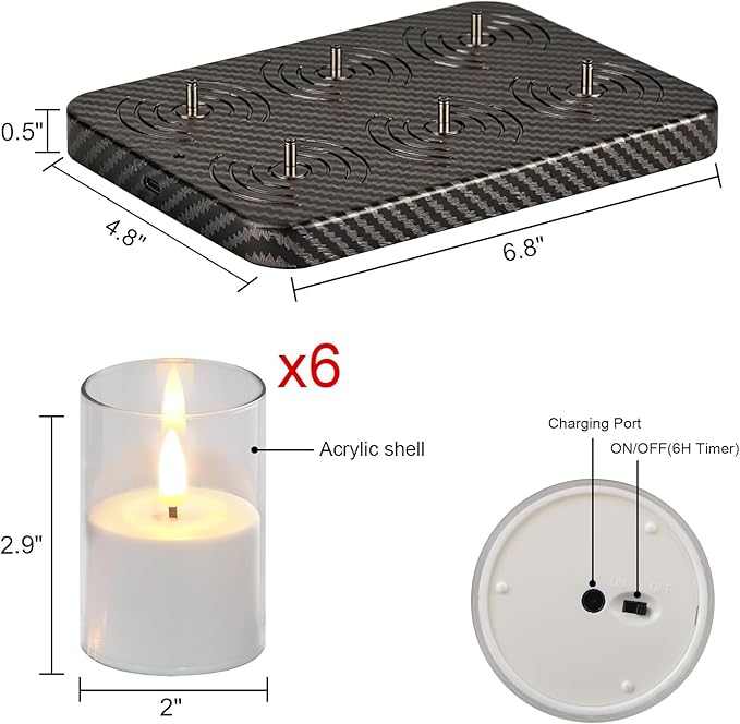 Rechargeable Votive Candle Battery Operated, 6 Pcs Rechargeable Tealights Candles with Charging Base, Acrylic Clear LED Flameless Votive Candle with 6H Timer for Halloween Christmas Decor