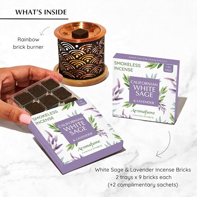 White Sage & Lavender Incense Bricks with Rainbow Exotic Burner by Aromafume | 2x9 Bricks | Sage Incense for Cleansing Negative Energy & Protection | Sage for Smokeless Smudging, Spiritual Cleansing