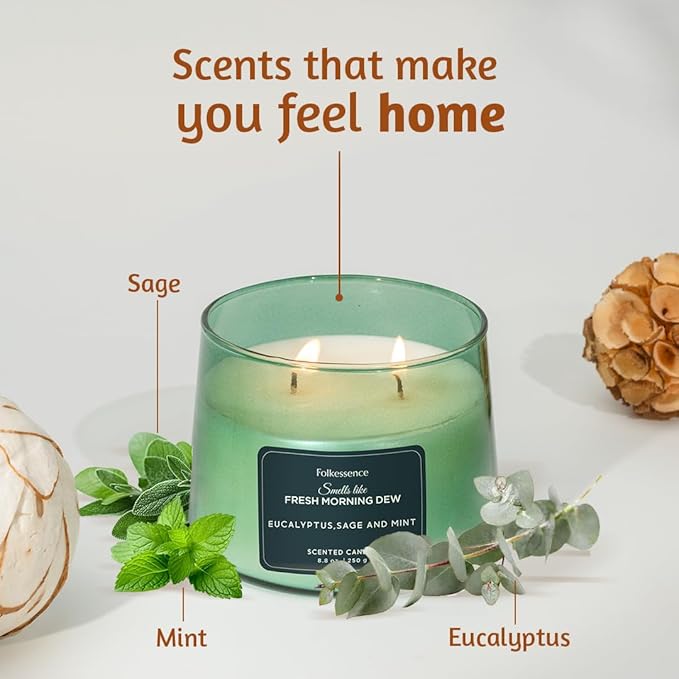 Folkulture Scented Candle | 8.81 Oz - Eucalyptus Candles for Home Scented | Sage & Mint Soy Candle or Non Toxic Candles for Relaxing | Long Lasting Green Candle for Relaxation Gifts for Women