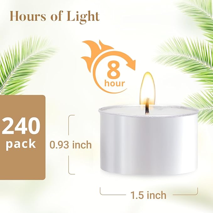 Unscented Tea Lights Candles 240 Pack, 8 Hours Long Burning,White Tea Candles Bulk, Bright Burn with Palm Wax,Smokeless Tealight Candles for Wedding,Centerpiece,Christmas Lights,Home Decorative