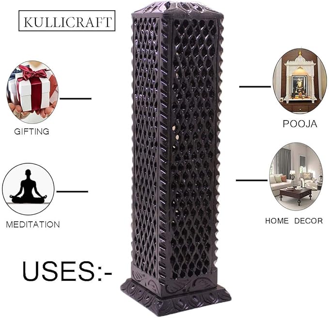 Handmade Marble Black Soapstone Incense Stick Burner | Candle Stick Holder | Tea Light Burner - Perfect Jaali Carving for Gifting. Decorative Home and Kitchen Decor (3 x 3 x 11 Inches).