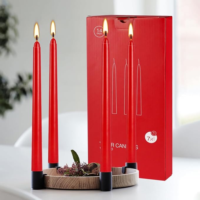 24 Pack Red Taper Candles, 7-8 Hours Burn Time, Unscented, Smokeless and Dripless, 0.75 x 10 Inch Dinner Candle Set for Christmas,Household, Wedding, Party and Home Décor Candlesticks