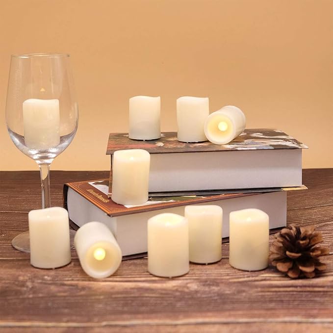 Eldnacele Votive Flameless Candles with Remote and Timer, Battery Operated Warm White Flickering Plastic LED Candles Set of 10 for Dinner Wedding Indoor Holiday Decor (D1.5×H2)