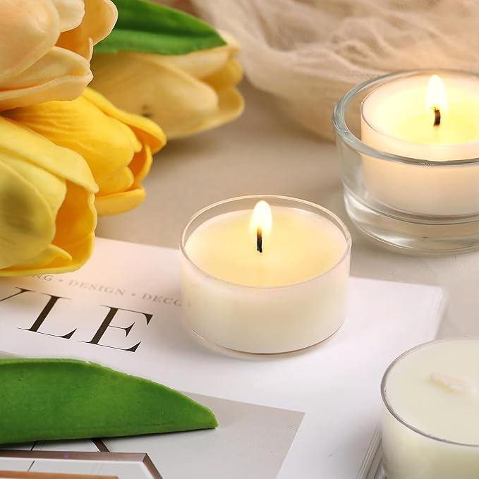100 Pcs Soy Wax Tealight Candles (6 Hour Burn Time) White Unscented Votive Candles, Smokeless & Extended Burn Time Clear Cup Tea Lights for Weddings, Home, Emergencies