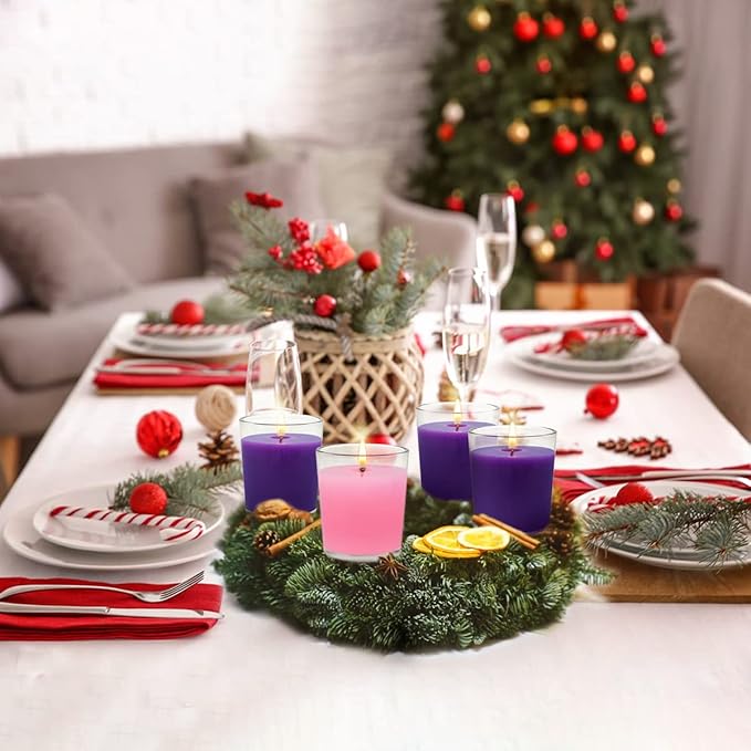 12 Packs Advent Candles with Clear Glass Holder, 9 Purple and 3 Pink Votive Candles, Unscented Seasonal Celebration Candles for Christmas Table Decoration, 1.8oz, KFUS-12VOT-ZIFEN