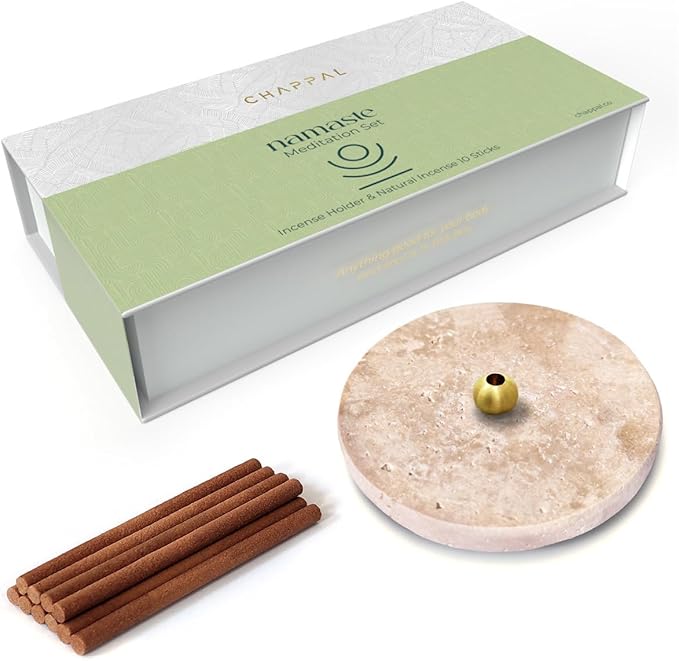 Namaste Meditation Set – Natural Yoga Incense Sticks with Travertine Incense Holder – Aromatic Gift Box for Meditation, Relaxation & Mindfulness