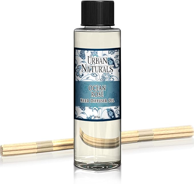 Urban Naturals Reed Diffuser Oil Refill, Ocean Rose Diffuser Oils with Rose, Lemongrass, Basil, 4 oz + Free Reed Sticks, Made in The USA