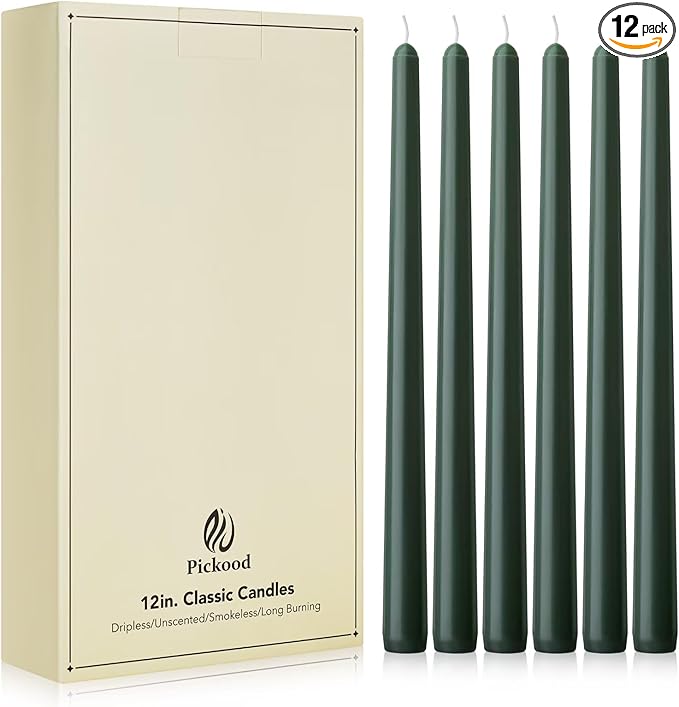New Burning Formula Unscented Dripless 12-Inch Taper Candles Set of 12 - Dark Green, for Wedding, Dinner - Smokeless, Long Burning - Hand Poured, Colored Tall Candlesticks - Verde Oscuro