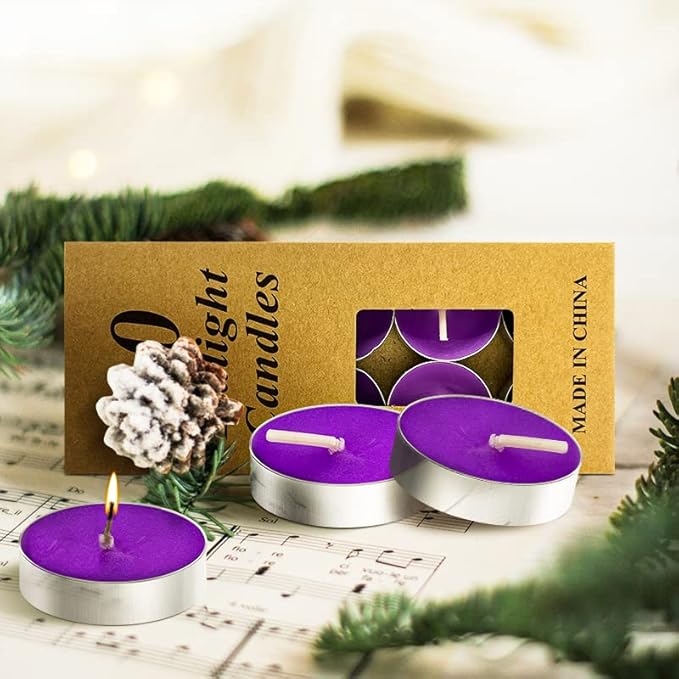 10 Pack Tea Candles Wedding Party and Home Decoration Votive Parties Tealight Small Wishing Bulk with 1.5-2 Hours Extended Burn Time Mini for Birthday Emergency Family (Purple)