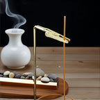 Incense Holder for Sticks with Glass Ash Catcher - Zen Mountain Design, Solid Wood Base & Gold Clip for 1-5mm Sticks, Meditation Yoga Decor (10.8 Inch)