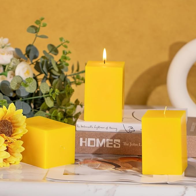 KONNI Square Yellow Pillar Candles Set of 3, 2.8"x 4" Unscented Pillar Candles Bulk, 30 Hours Long Burning Candles, Smokeless and Dripless Large Candle for Wedding, Home Decoration, Parties, Spas