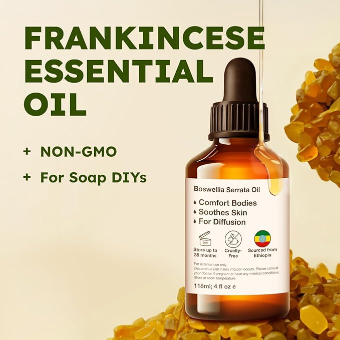 KUKKA Frankincense Essential Oils - 4 Fl Oz - for Hair, Skin, Diffuser, Aromatherapy & DIY Soap Making Scent