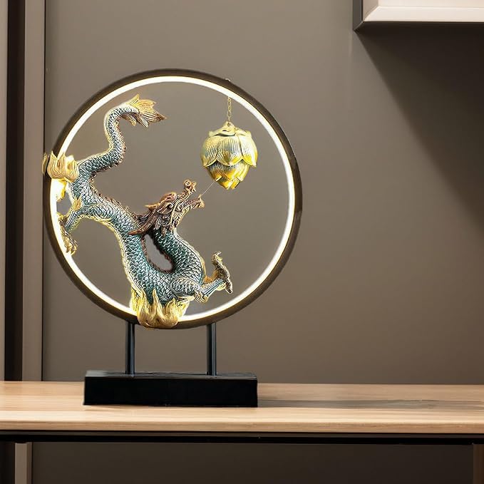 Chinese Ceramic Dragon Statue Backflow Incense Burner Sculpture with USB Power, LED Light Ring,Adjustable Brightness (BJL002)