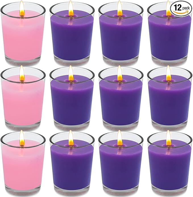 12 Packs Advent Candles with Clear Glass Holder, 9 Purple and 3 Pink Votive Candles, Unscented Seasonal Celebration Candles for Christmas Table Decoration, 1.8oz, KFUS-12VOT-ZIFEN